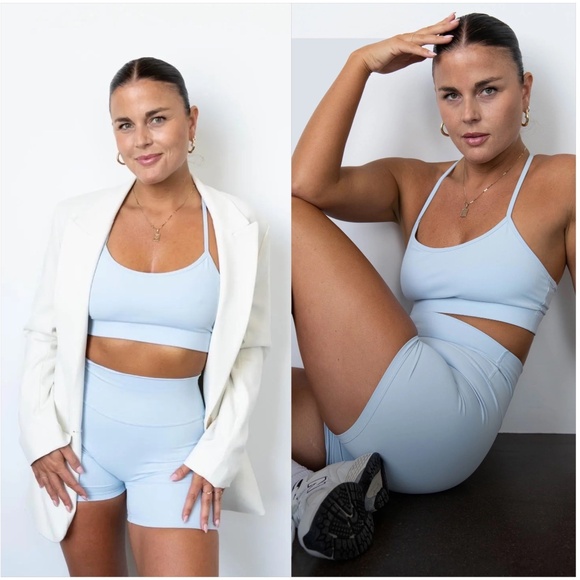Azur Fit Mathcing Set High Waisted Biker Shorts 5 inch and Sports Bra Light Blue - Picture 1 of 8